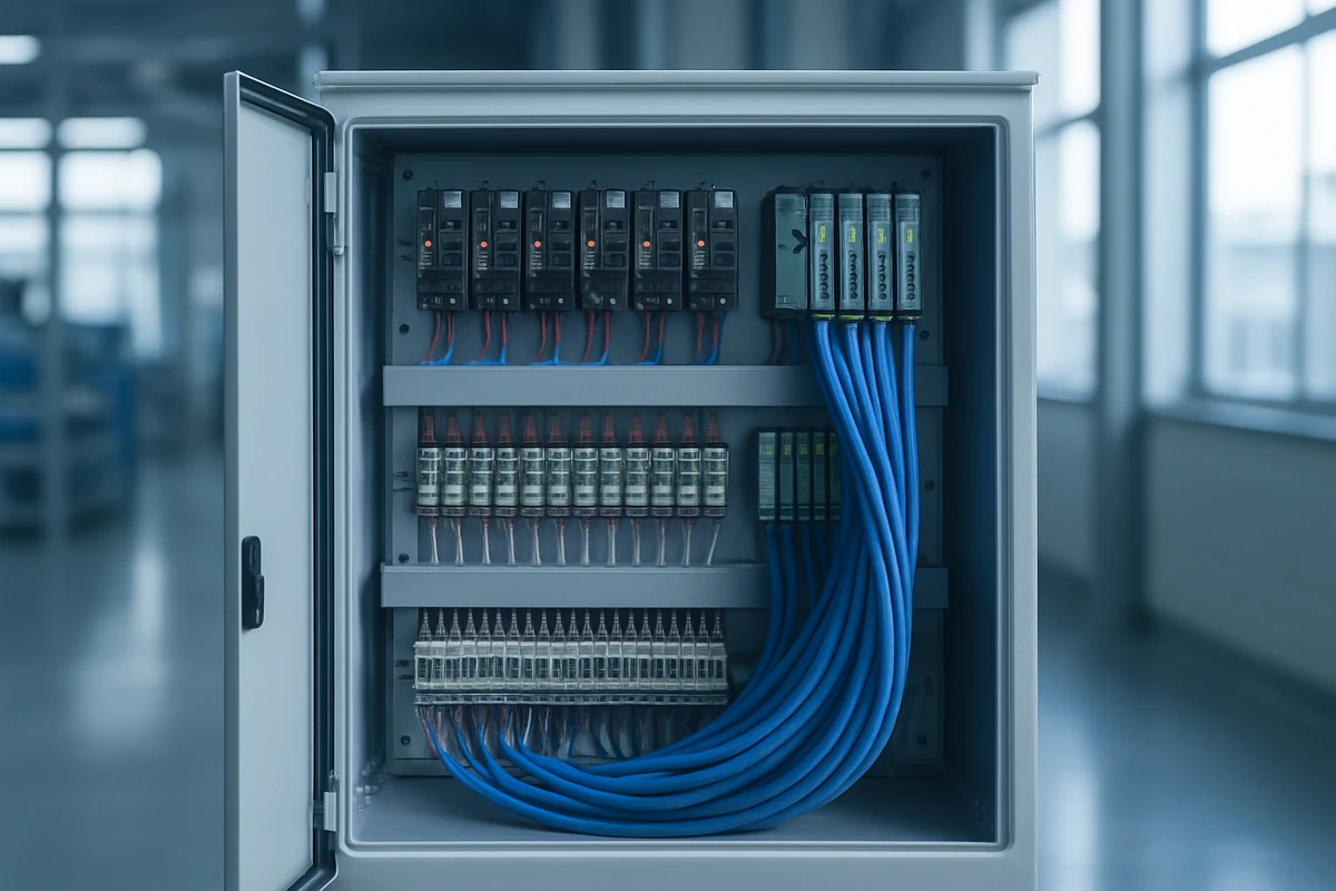 PLC 制御盤がケーブル 1 本でクラウドに接続されるイメージ