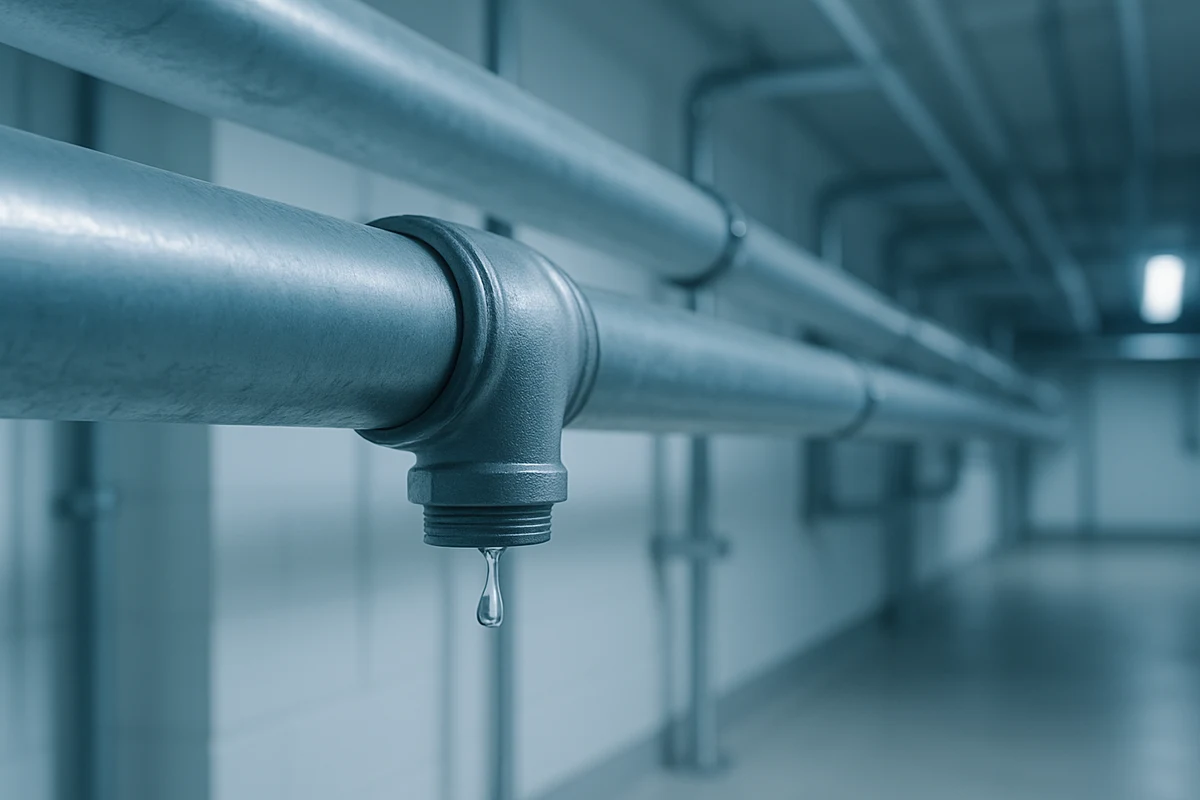 配管の下に設置した漏水センサーが水滴を検知するイメージ